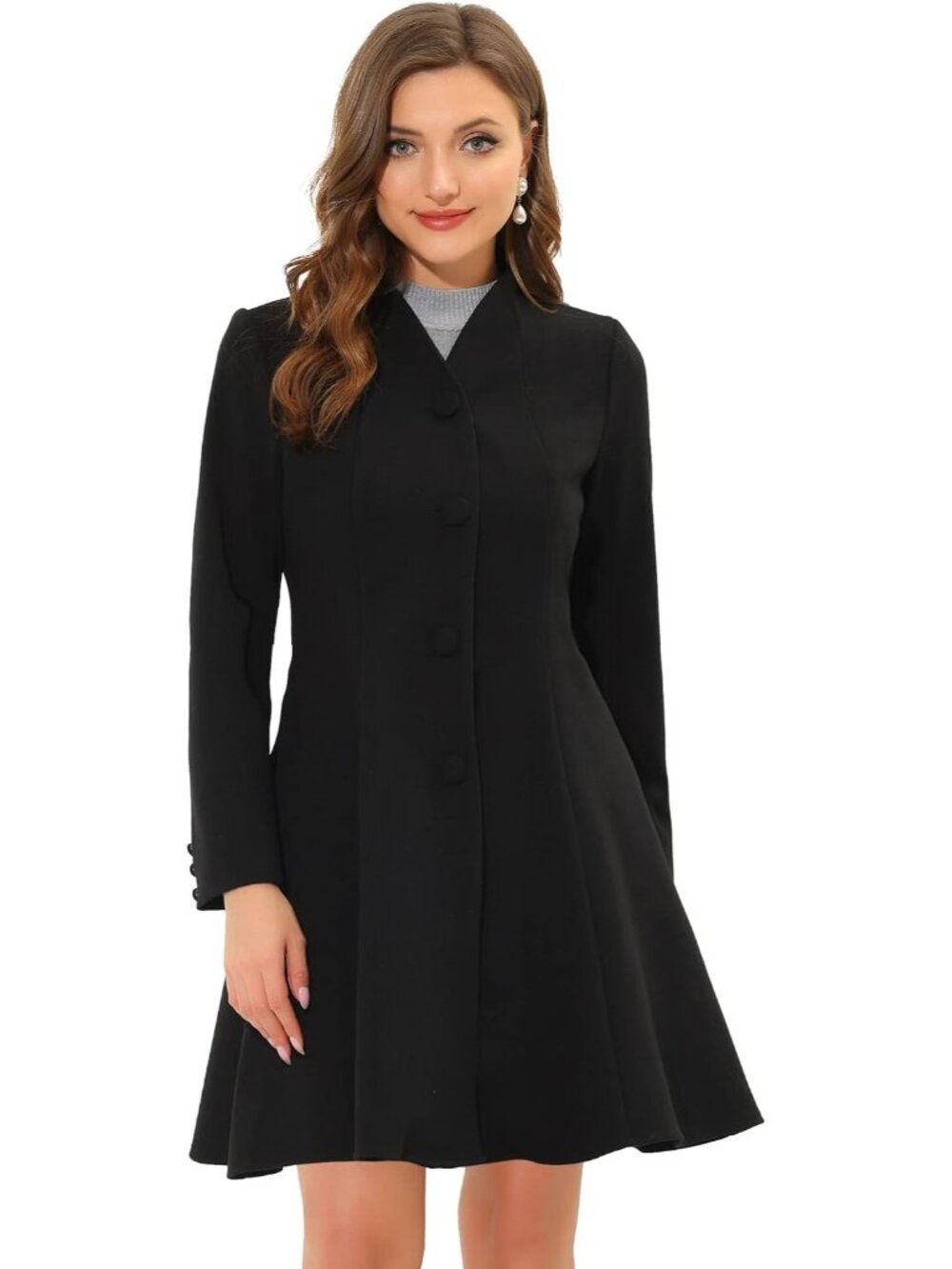 Women's Black Single Breasted A Line Mid-Long Winter Long Sleeve Pea Trench Coat